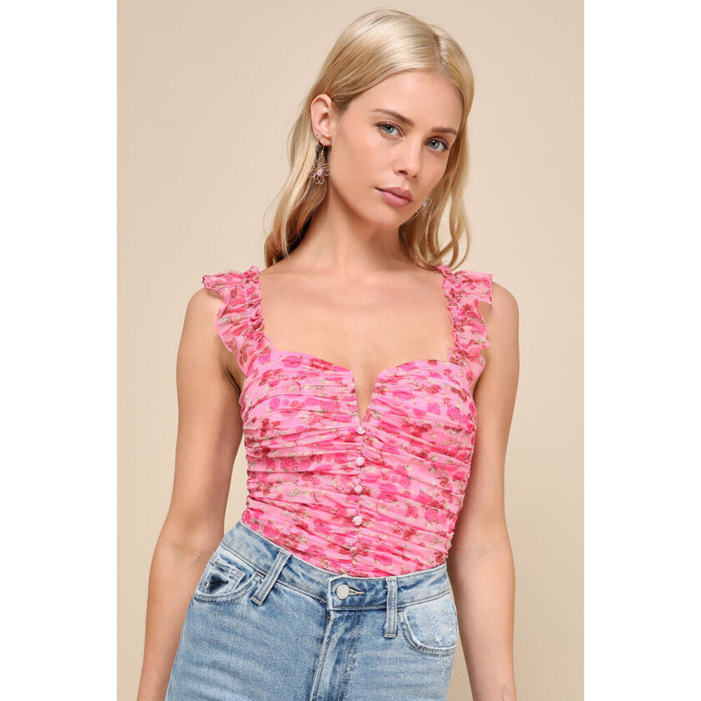 Lulus Flirtatious Sweetness Hot Pink Floral Ruched Ruffled Tank Top - Size S